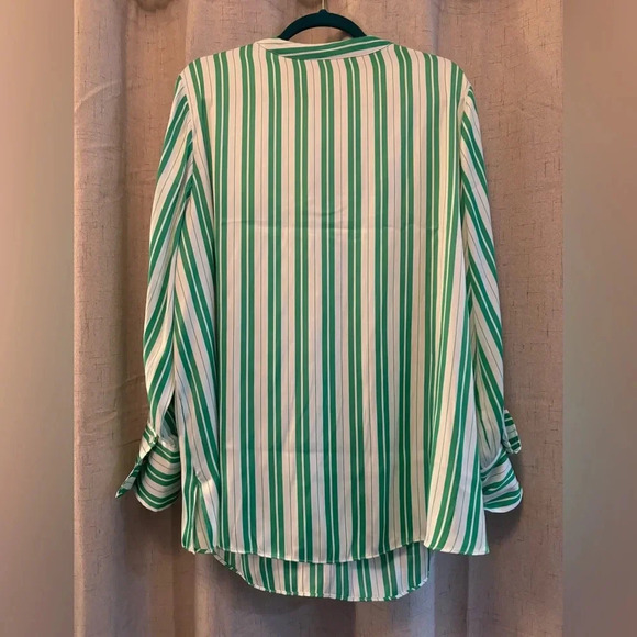 Lane Bryant Size 18/20 Relaxed Satin Collar Blouse. Green and White Stripes. - Picture 4 of 7
